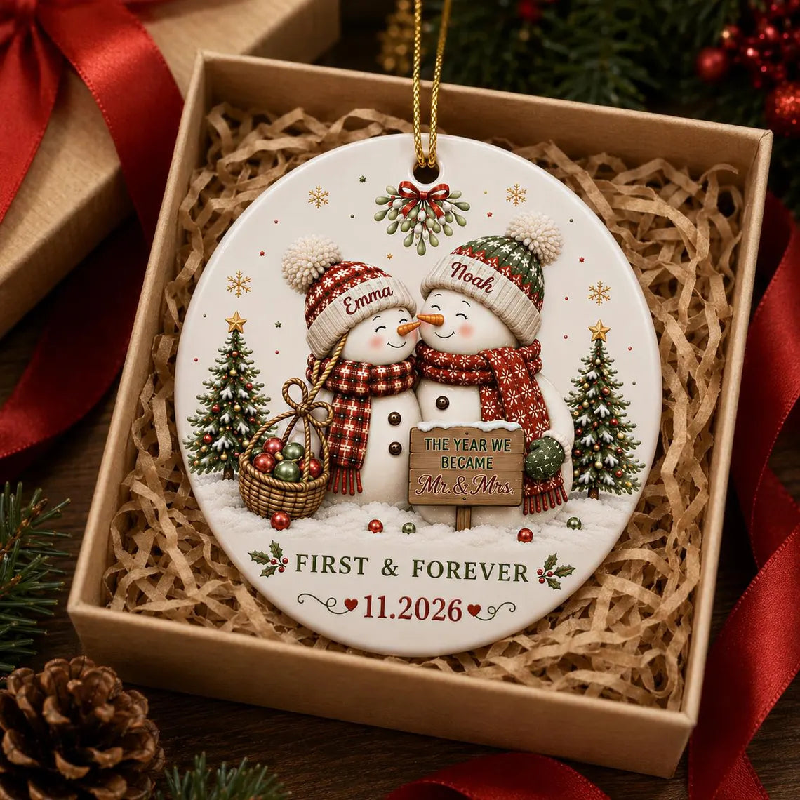 First & Forever Snowman Couple Custom Name Date Couple Round Ceramic Christmas Ornament
