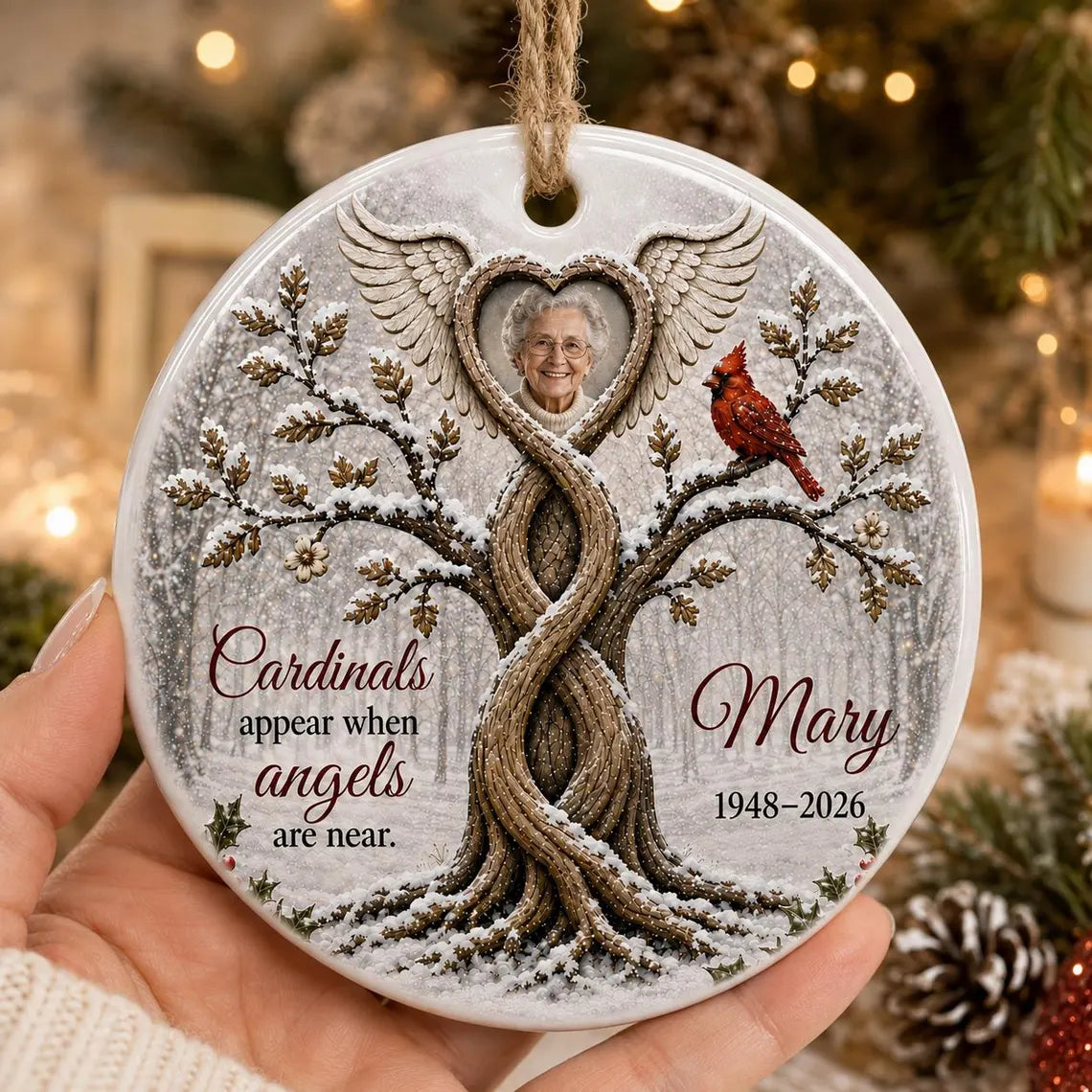 Cardinals Appear When Angels Are Near Custom Name Date Photo Memorial for Loved Ones Round Ceramic