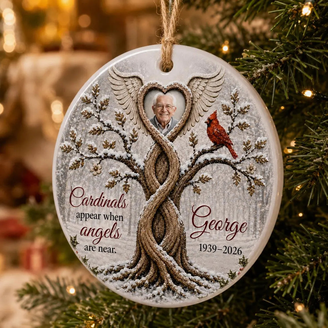 Cardinals Appear When Angels Are Near Custom Name Date Photo Memorial for Loved Ones Round Ceramic