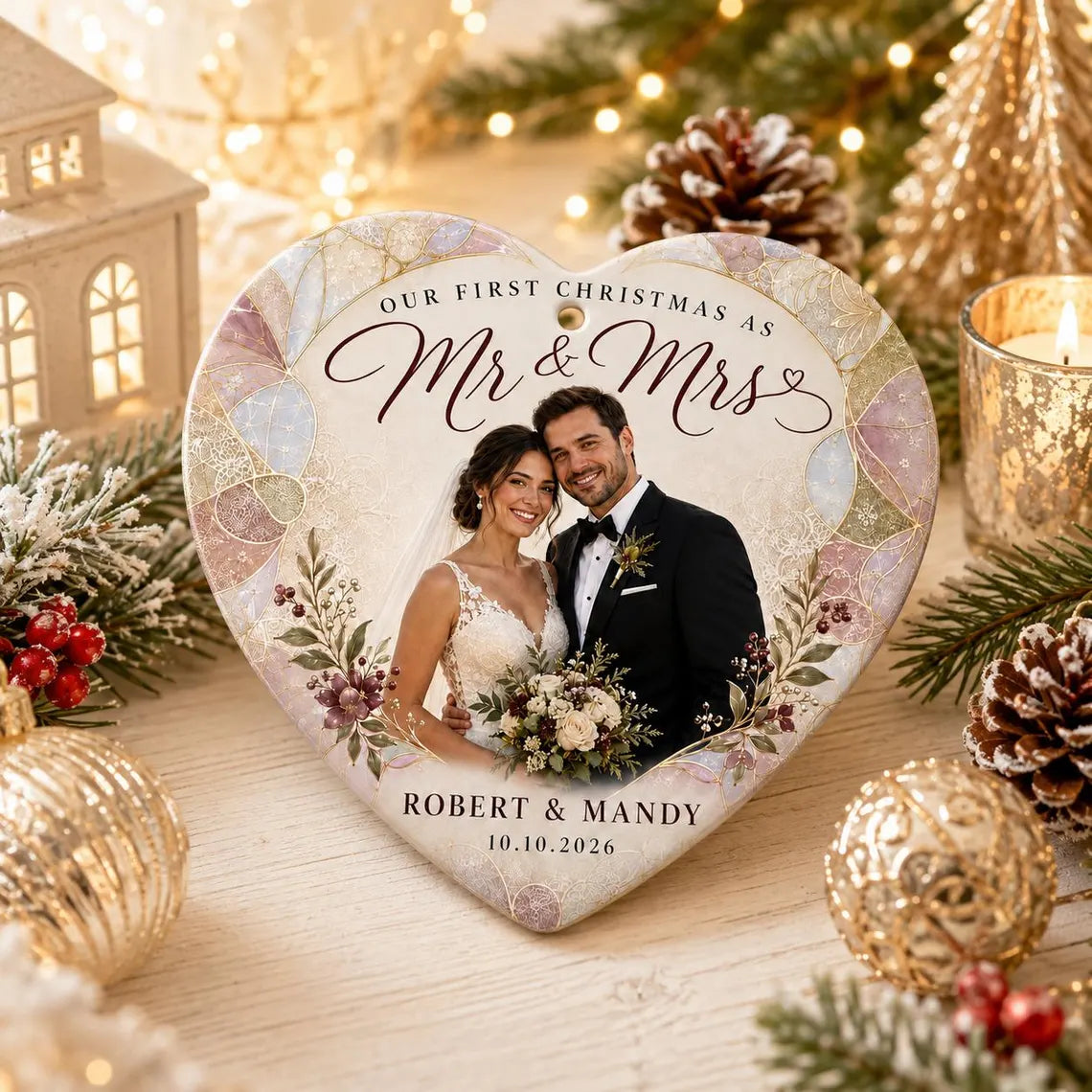 Our First Christmas as Mr & Mrs Custom Name Date Photo First Married Christmas Heart Ceramic Christmas Ornament Newlywed Keepsake Gift