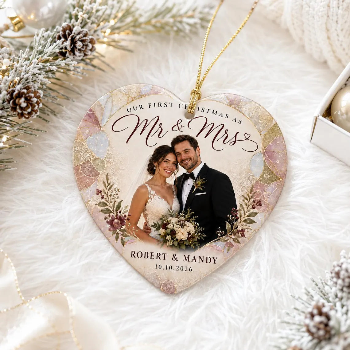 Our First Christmas as Mr & Mrs Custom Name Date Photo First Married Christmas Heart Ceramic Christmas Ornament Newlywed Keepsake Gift