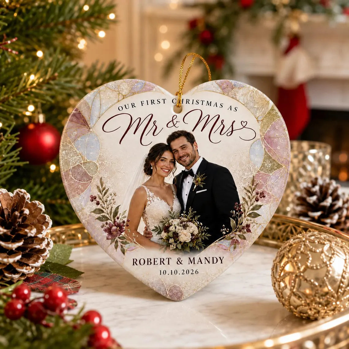 Our First Christmas as Mr & Mrs Custom Name Date Photo First Married Christmas Heart Ceramic Christmas Ornament Newlywed Keepsake Gift