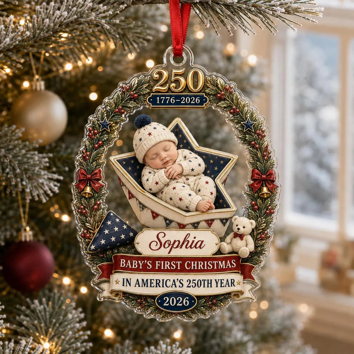 Baby's First Christmas 2026 America's 250th Custom Name Baby's First Christmas Acrylic Christmas Ornament