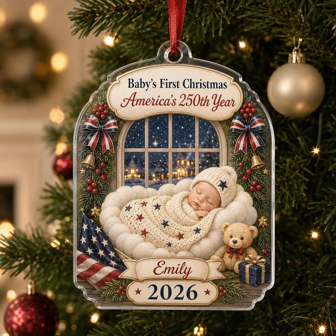 Baby's First Christmas 2026 America's 250th Custom Name Baby's First Christmas Acrylic Christmas Ornament