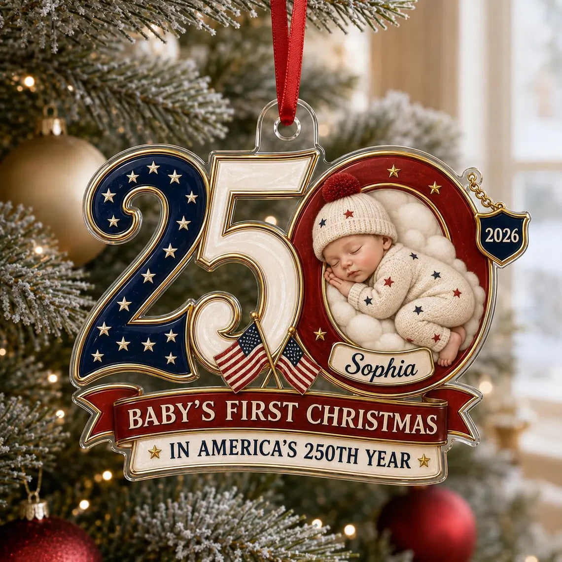 Baby's First Christmas 2026 America's 250th Custom Name Baby's First Christmas Acrylic Christmas Ornament