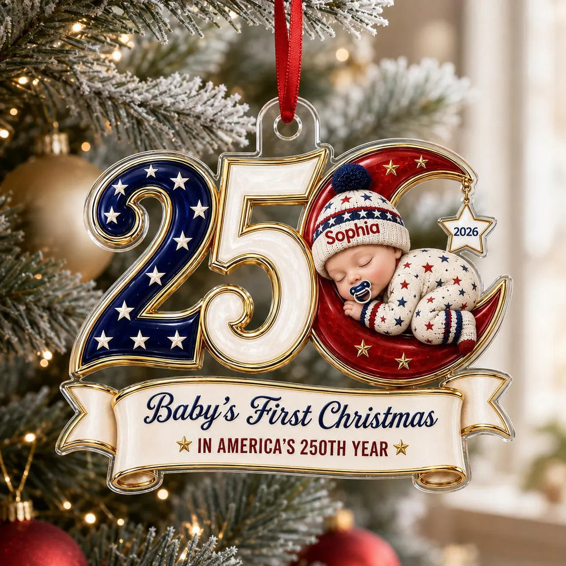 Baby's First Christmas 2026 America's 250th Custom Name Baby's First Christmas Acrylic Christmas Ornament