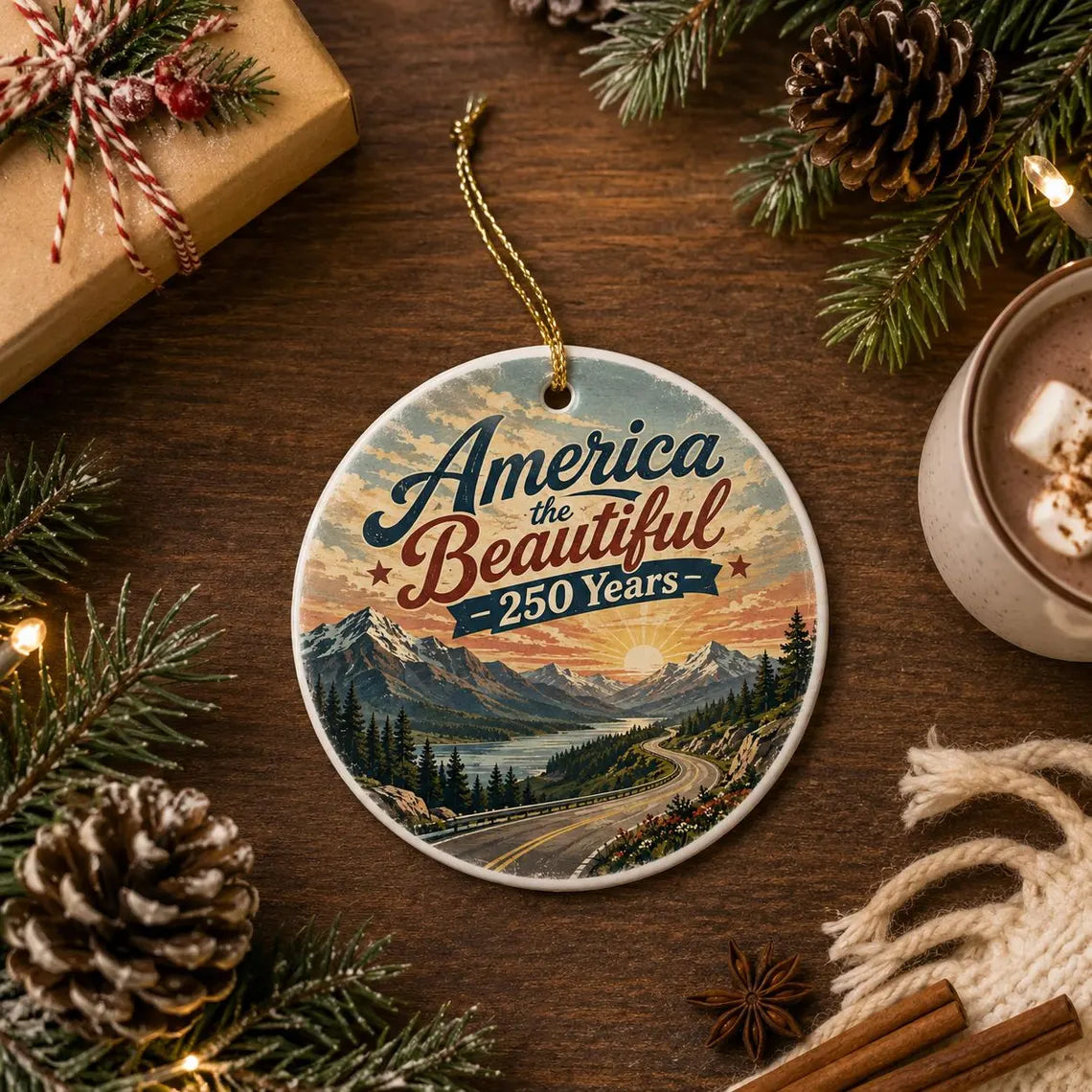 America the Beautiful 250 Years America's 250th Round Ceramic Christmas Ornament