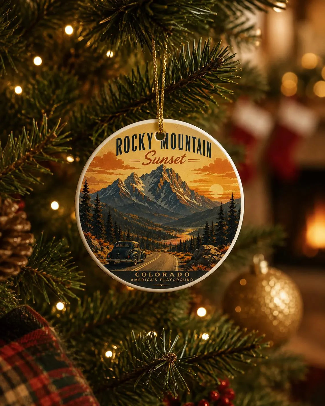 Rocky Mountain Sunset Colorado Round Ceramic Christmas Ornament