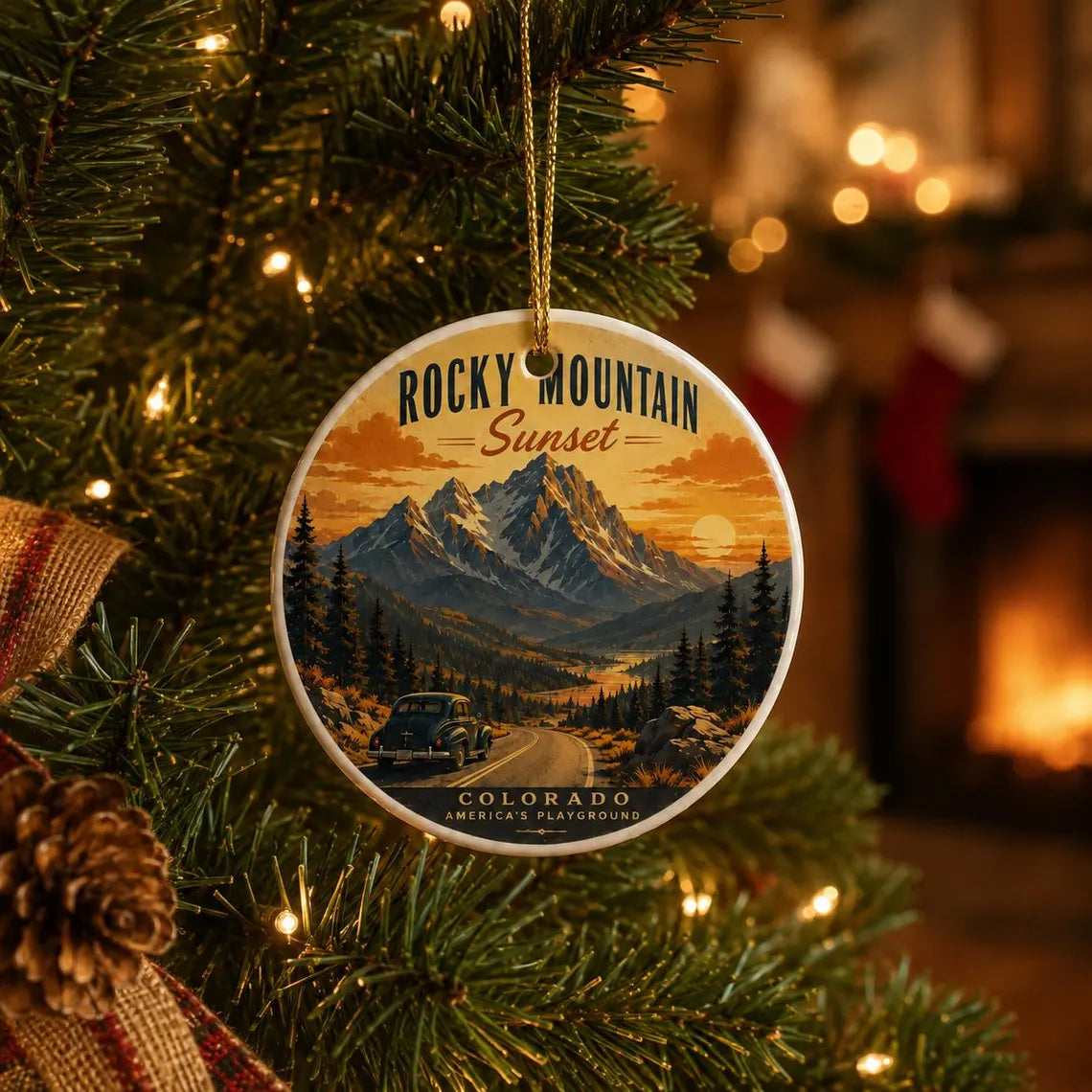 Rocky Mountain Sunset Colorado Round Ceramic Christmas Ornament