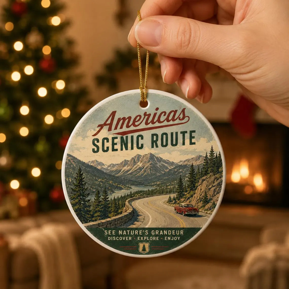 America's Scenic Route Round Ceramic Christmas Ornament