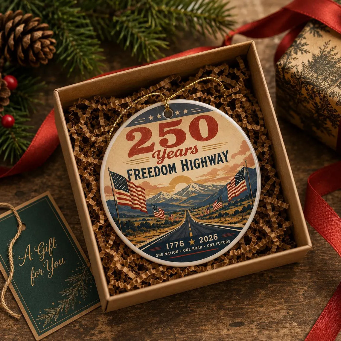 Freedom Highway 1776-2026 America's 250th Round Ceramic Christmas Ornament