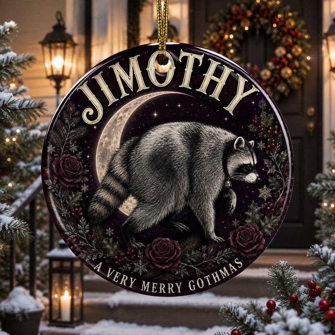 A Very Merry Gothmas Raccoon Custom Name Round Glass Christmas Ornament Gothic