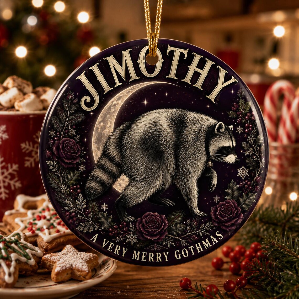 A Very Merry Gothmas Raccoon Custom Name Round Glass Christmas Ornament Gothic