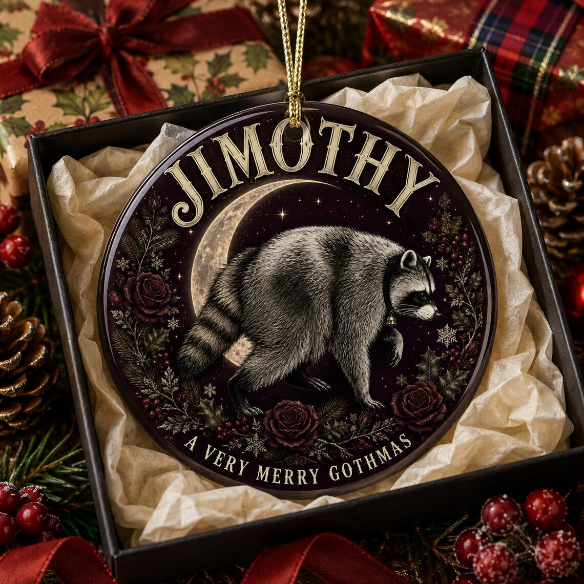 A Very Merry Gothmas Raccoon Custom Name Round Glass Christmas Ornament Gothic