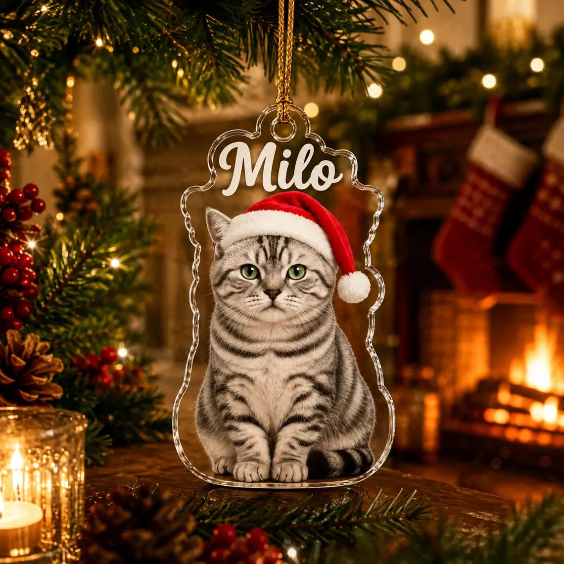 Christmas Cat Santa Hat Custom Name Photo Pet Acrylic Christmas Ornament Pet Lover