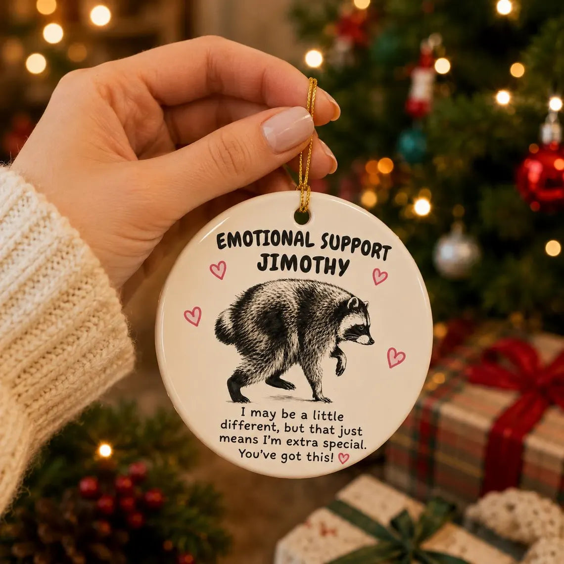 Emotional Support Raccoon Custom Name Round Ceramic Christmas Ornament Funny