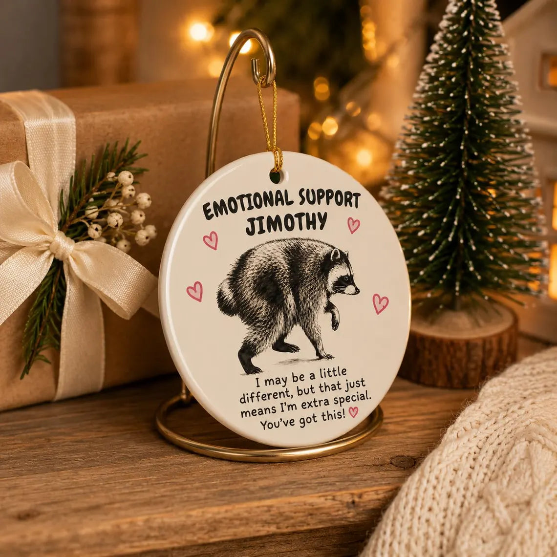Emotional Support Raccoon Custom Name Round Ceramic Christmas Ornament Funny