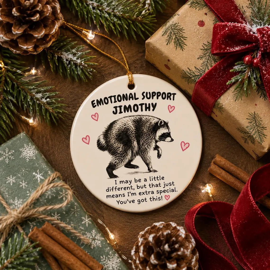 Emotional Support Raccoon Custom Name Round Ceramic Christmas Ornament Funny