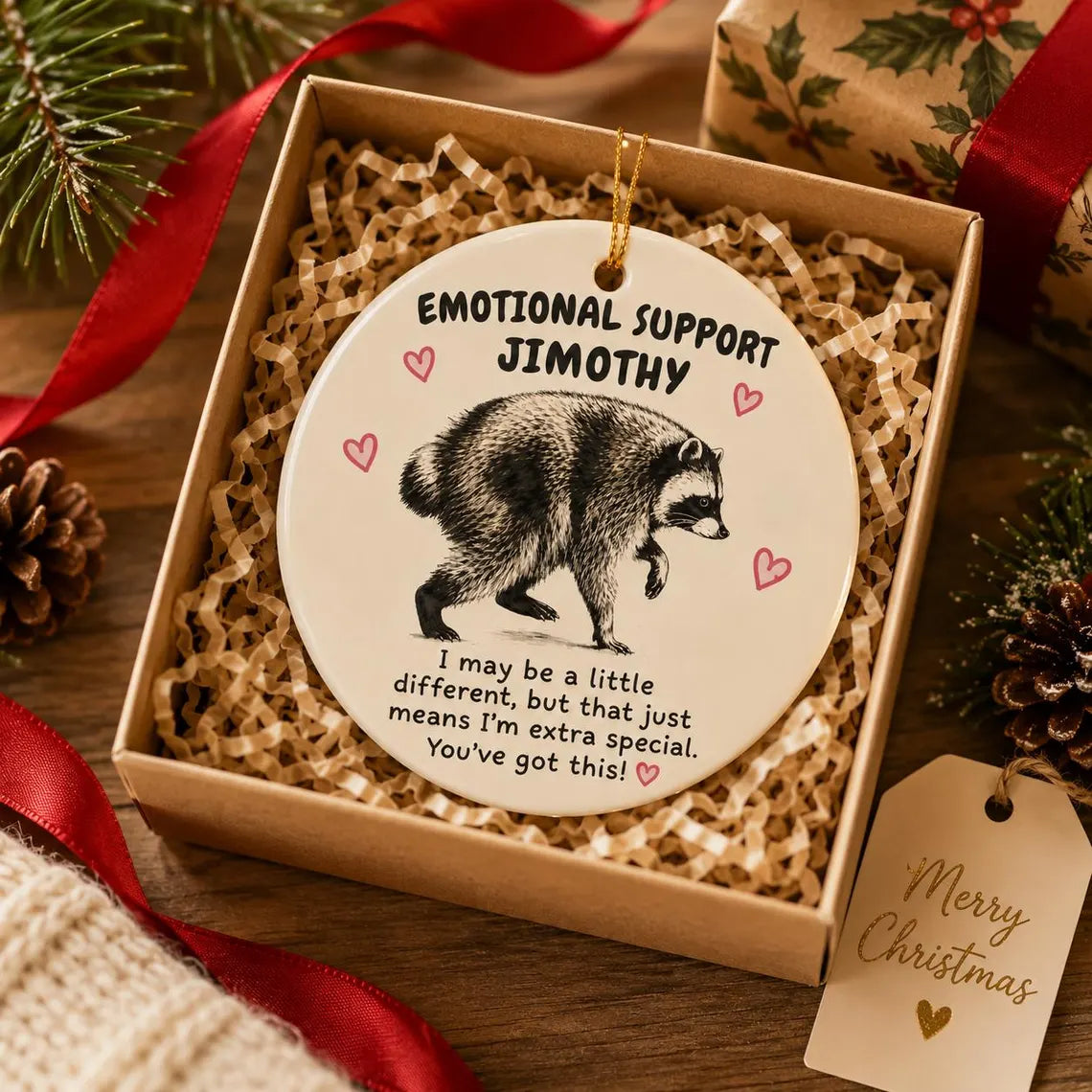 Emotional Support Raccoon Custom Name Round Ceramic Christmas Ornament Funny