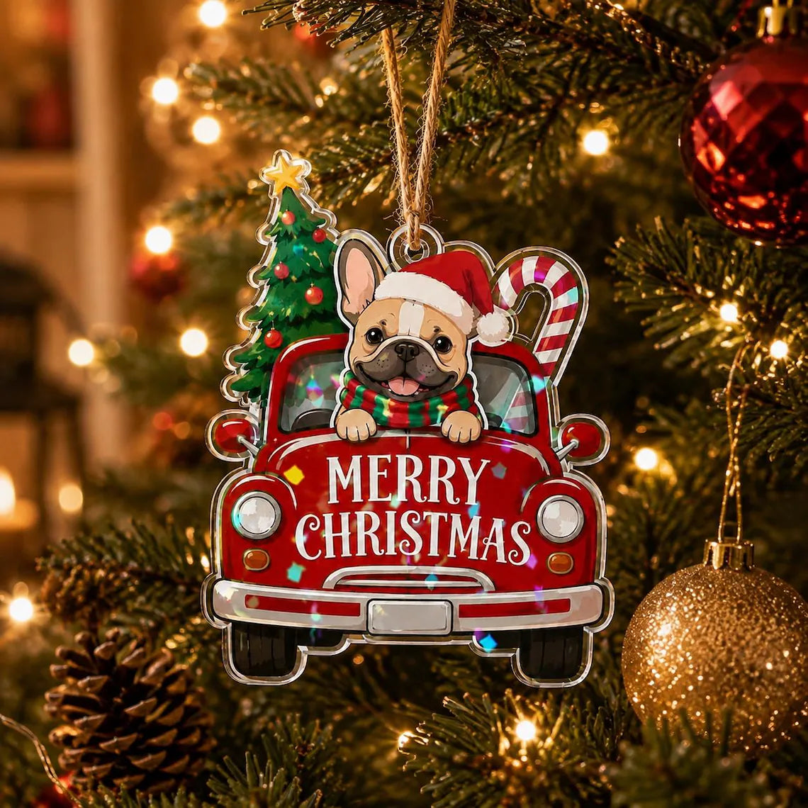 Merry Christmas Dog Truck Custom Photo Broken Glass Hologram Christmas Ornament Pet Lover