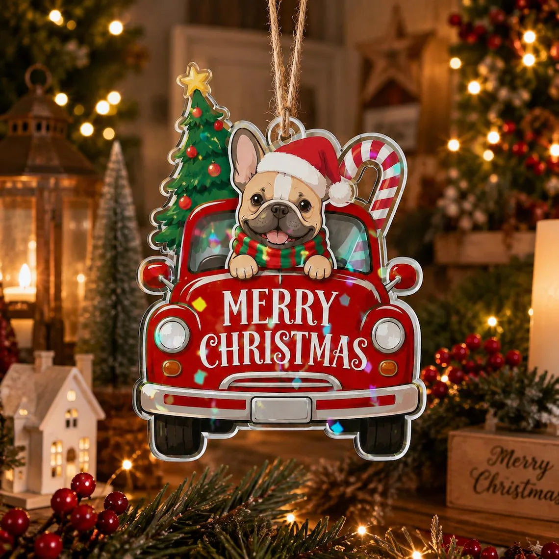 Merry Christmas Dog Truck Custom Photo Broken Glass Hologram Christmas Ornament Pet Lover