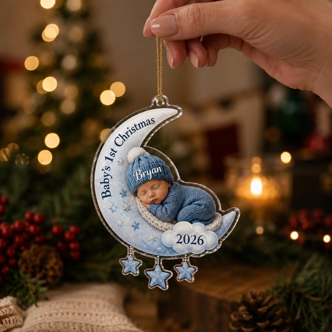 Baby's First Christmas Moon Custom Name Date Photo Acrylic Christmas Ornament Baby
