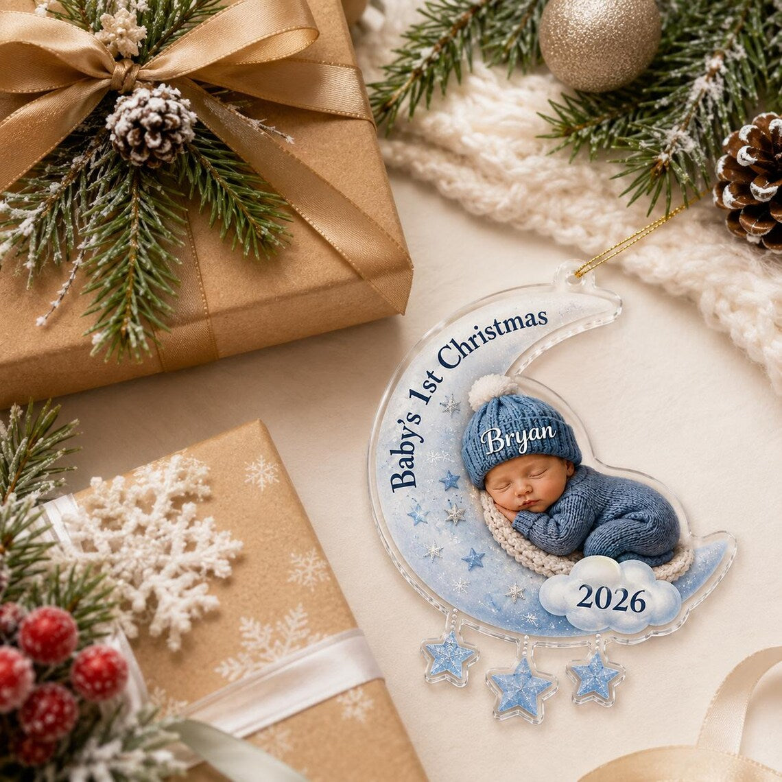 Baby's First Christmas Moon Custom Name Date Photo Acrylic Christmas Ornament Baby
