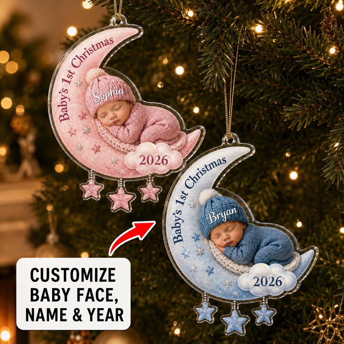 Baby's First Christmas Moon Custom Name Date Photo Acrylic Christmas Ornament Baby