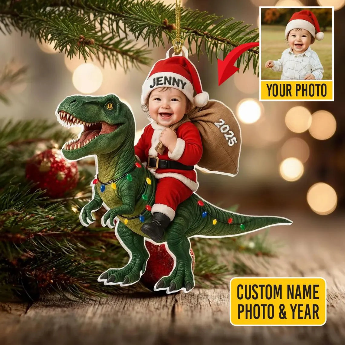 Dinosaur Baby First Christmas Custom Name Date Photo Acrylic Christmas Ornament Baby