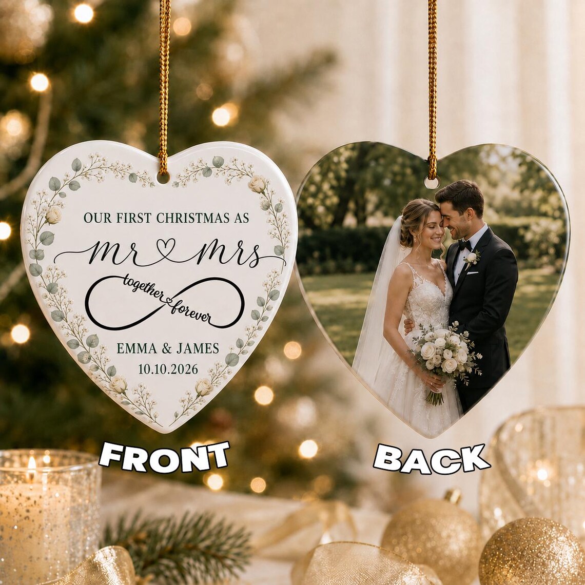 Our First Christmas as Mr & Mrs Custom Name Date Photo First Married Christmas Heart Ceramic Christmas Ornament