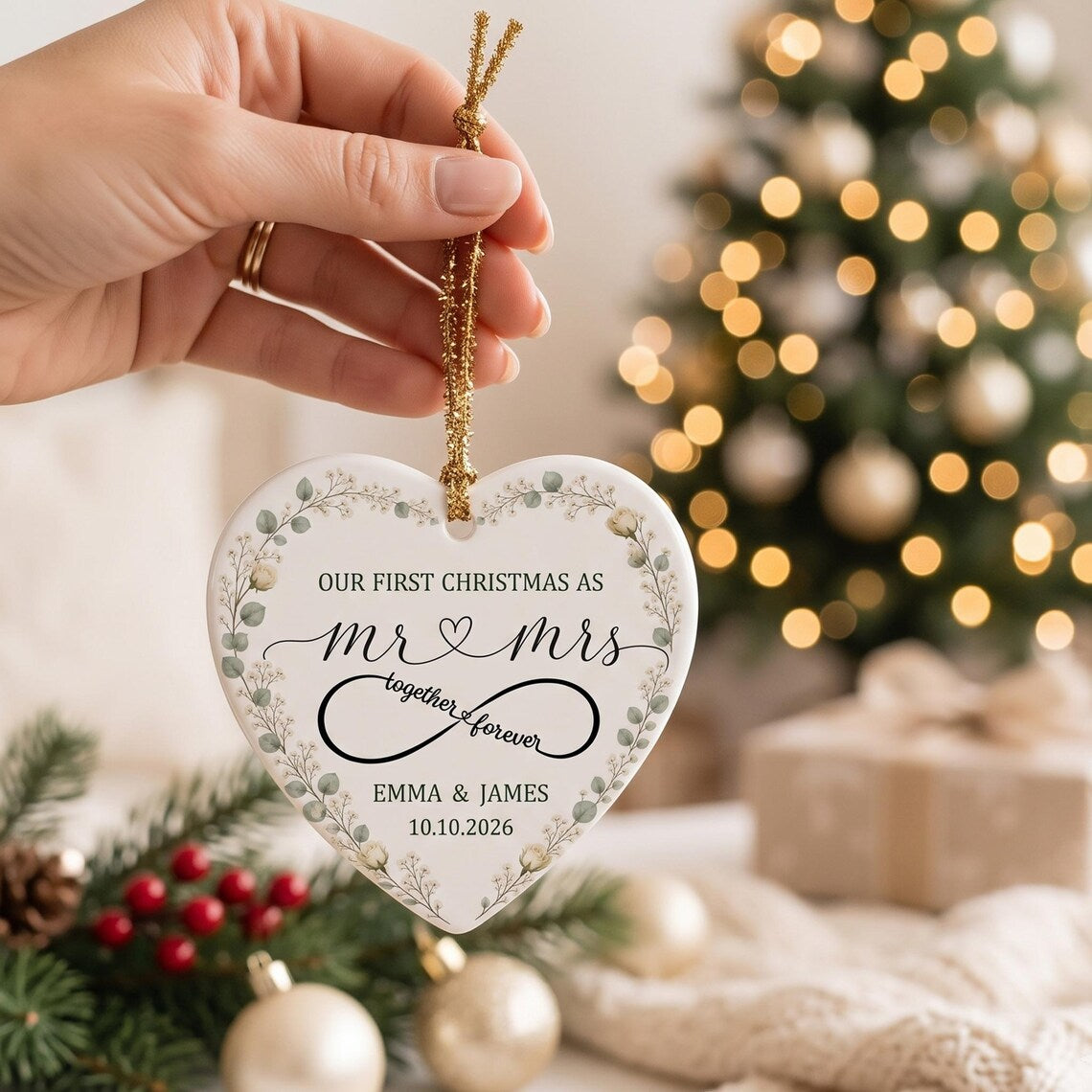 Our First Christmas as Mr & Mrs Custom Name Date Photo First Married Christmas Heart Ceramic Christmas Ornament