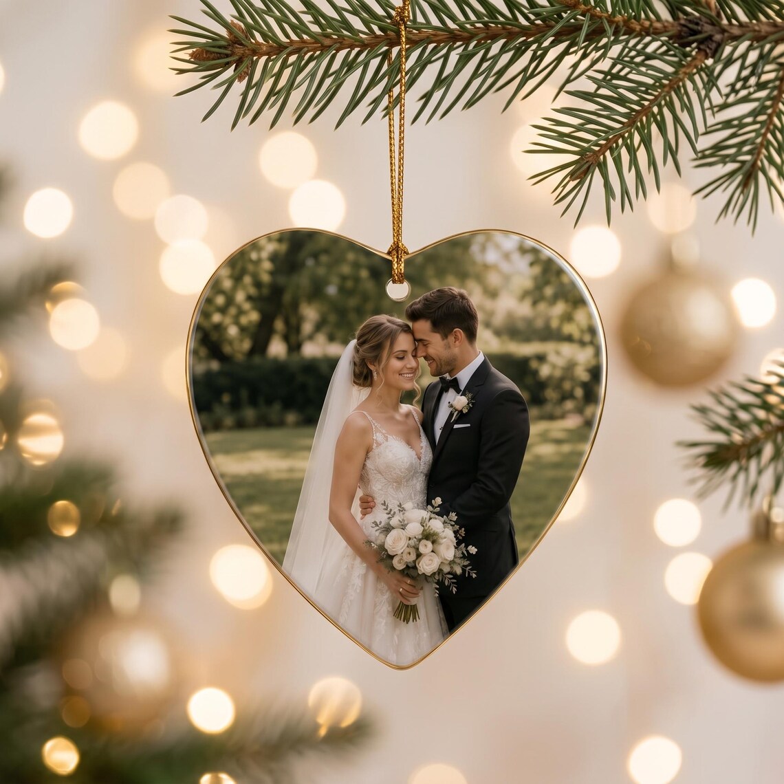 Our First Christmas as Mr & Mrs Custom Name Date Photo First Married Christmas Heart Ceramic Christmas Ornament