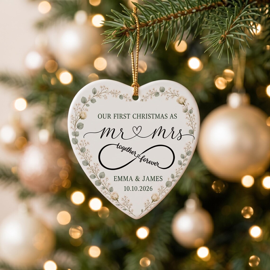 Our First Christmas as Mr & Mrs Custom Name Date Photo First Married Christmas Heart Ceramic Christmas Ornament