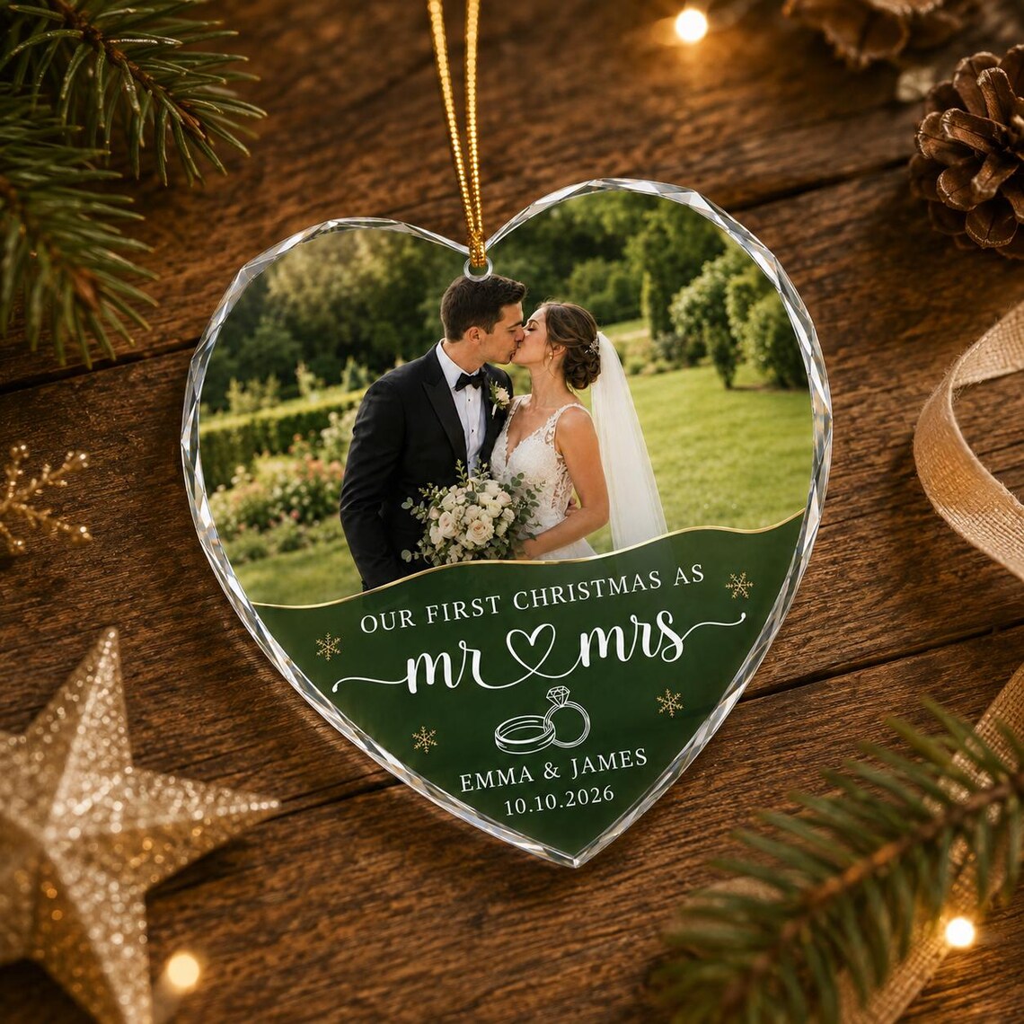Our First Christmas as Mr & Mrs Custom Name Date Photo First Married Christmas Heart Glass Christmas Ornament