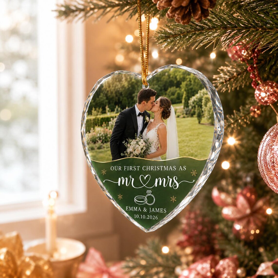 Our First Christmas as Mr & Mrs Custom Name Date Photo First Married Christmas Heart Glass Christmas Ornament
