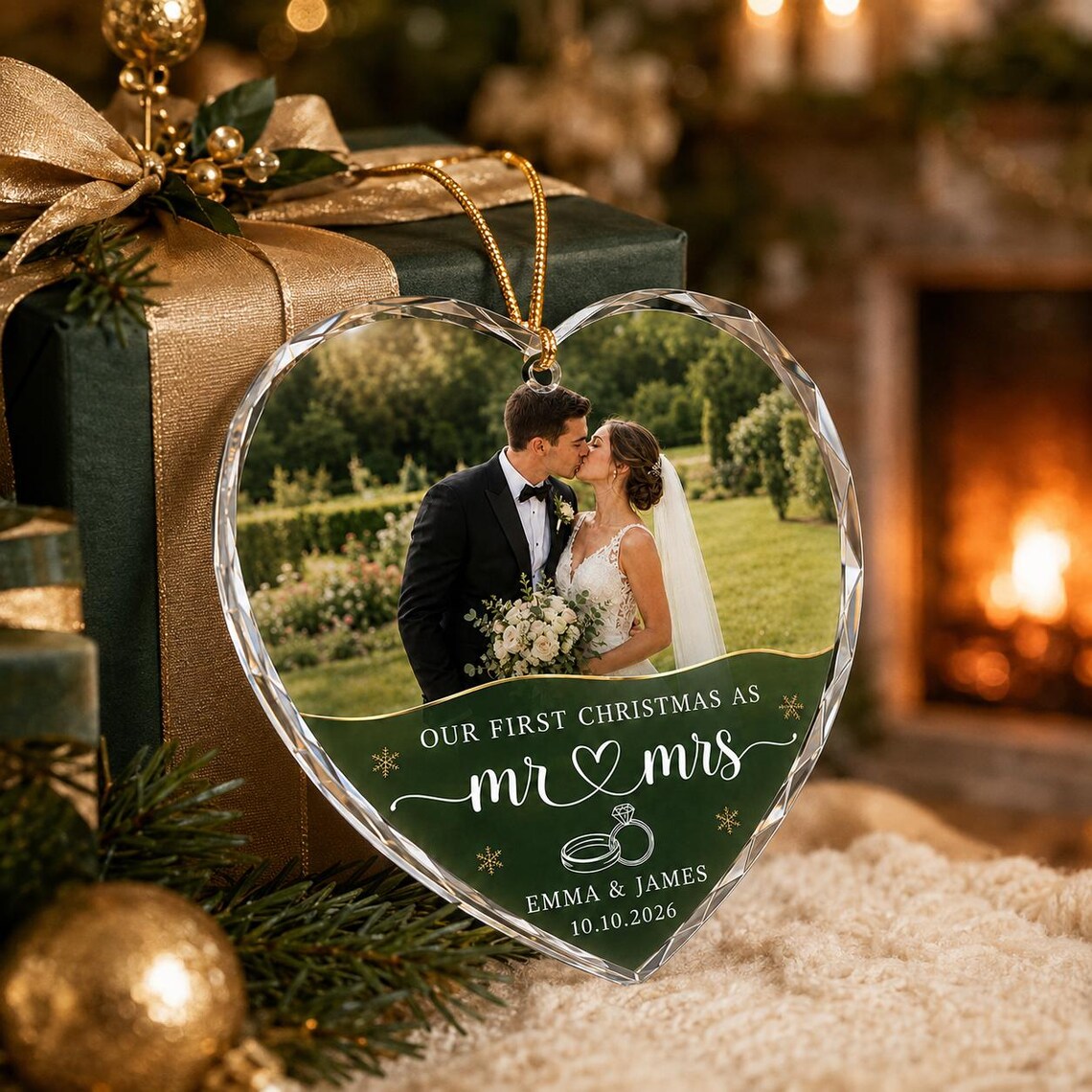 Our First Christmas as Mr & Mrs Custom Name Date Photo First Married Christmas Heart Glass Christmas Ornament