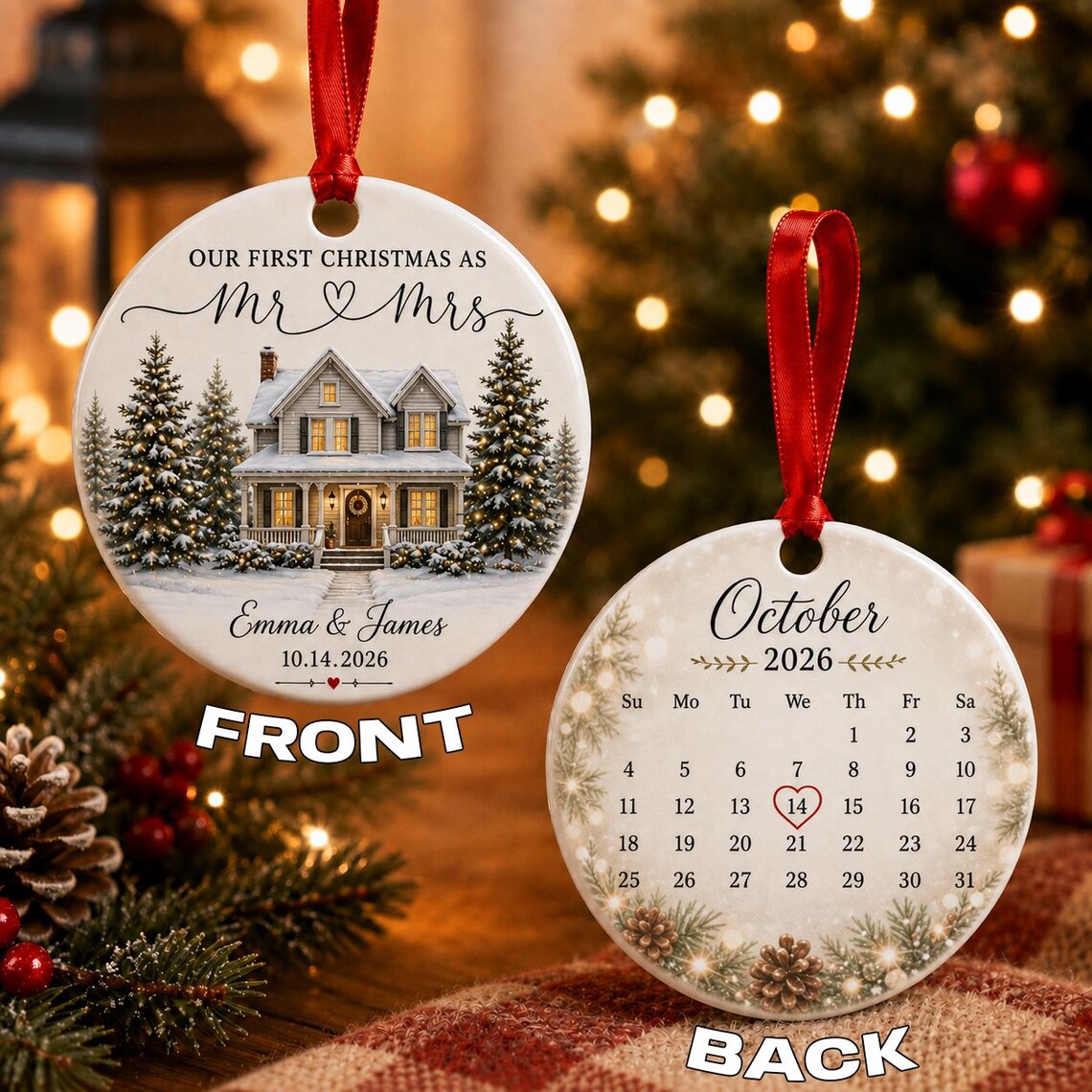 Our First Christmas as Mr & Mrs Custom Name Date First Married Christmas Round Ceramic Christmas Ornament