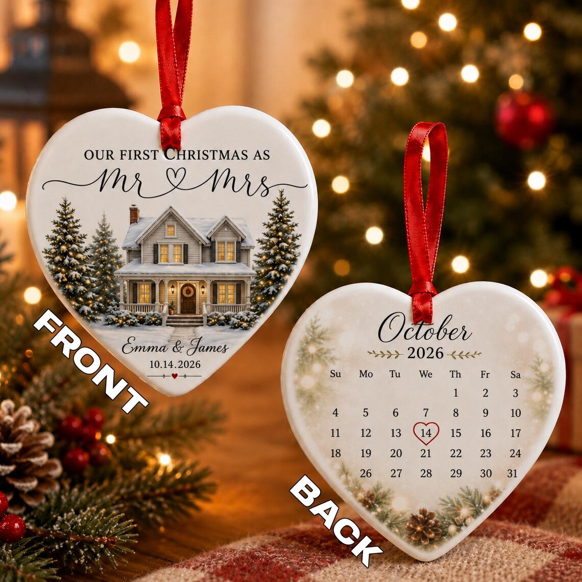 Our First Christmas as Mr & Mrs Custom Name Date First Married Christmas Heart Ceramic Christmas Ornament