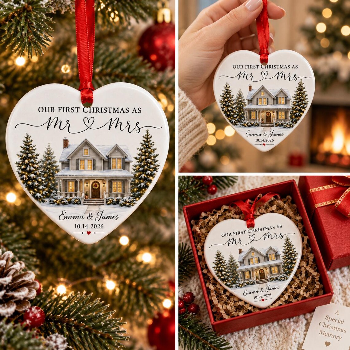 Our First Christmas as Mr & Mrs Custom Name Date First Married Christmas Heart Ceramic Christmas Ornament