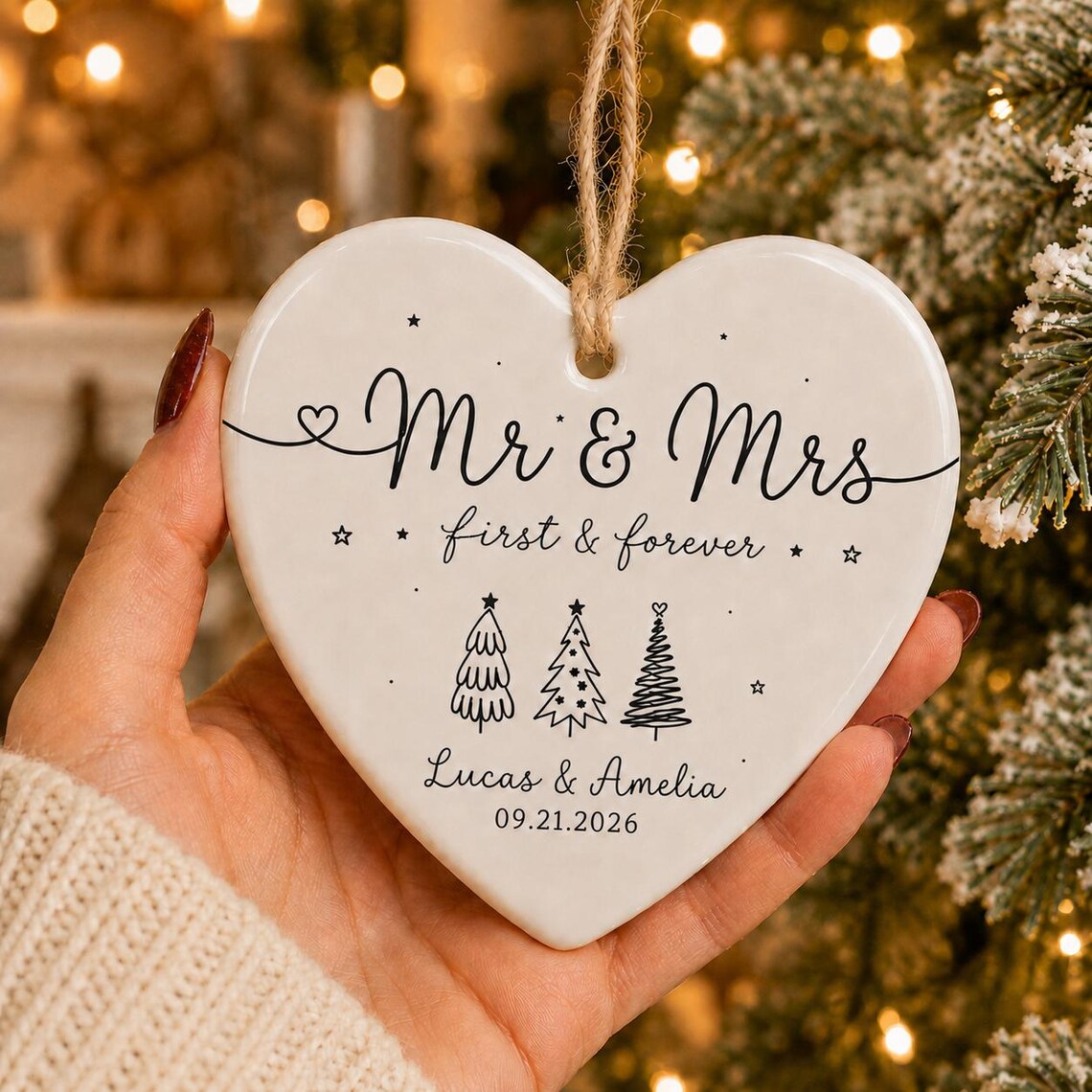 Mr and Mrs First and Forever Custom Names Date Wedding/Engagement Heart Ceramic Christmas Ornament