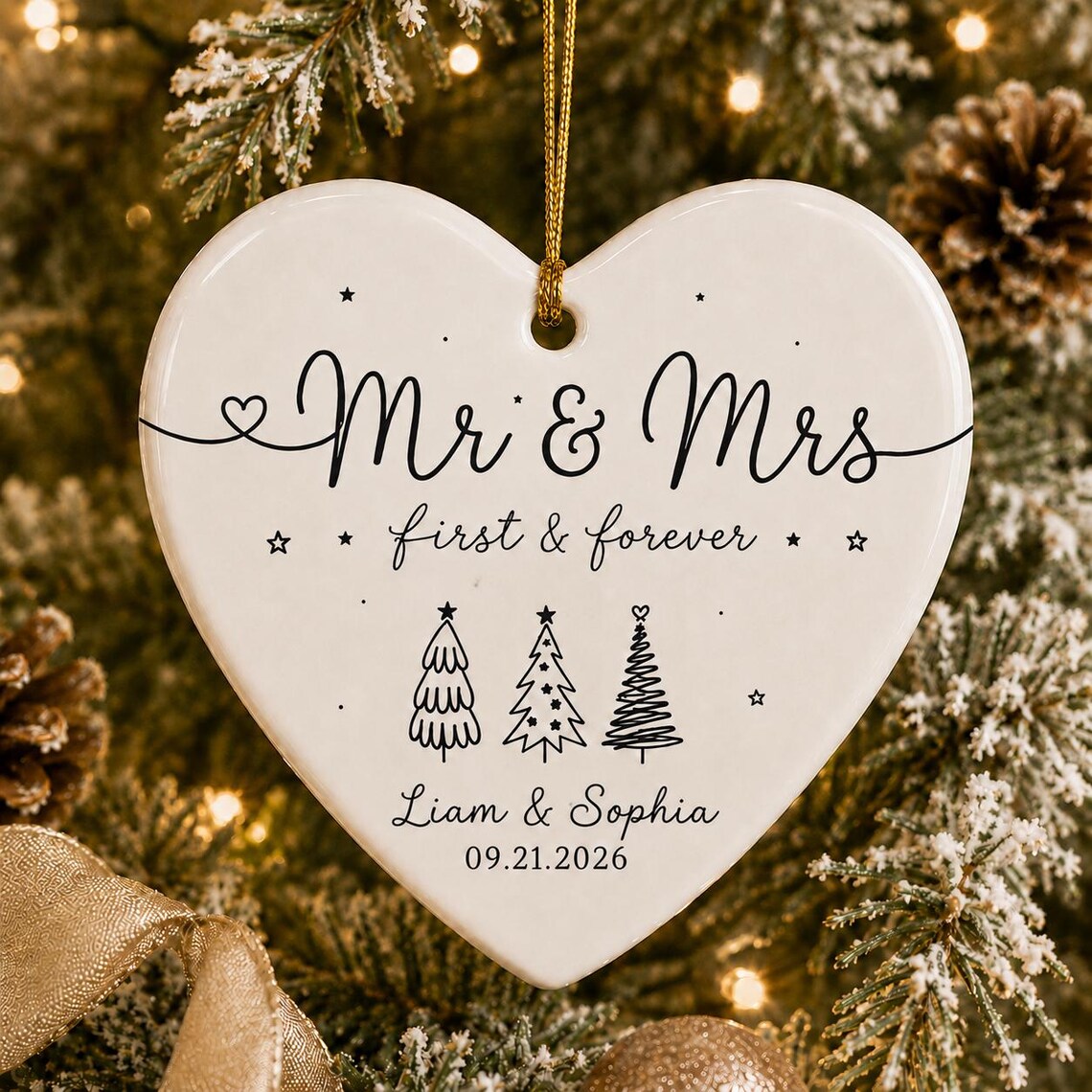 Mr and Mrs First and Forever Custom Names Date Wedding/Engagement Heart Ceramic Christmas Ornament