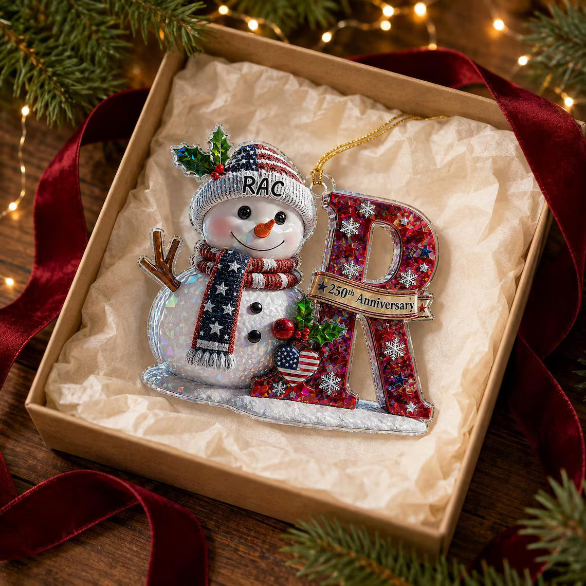 Snowman Initial 250th Anniversary Custom Name Initial Broken Glass Hologram Christmas Ornament