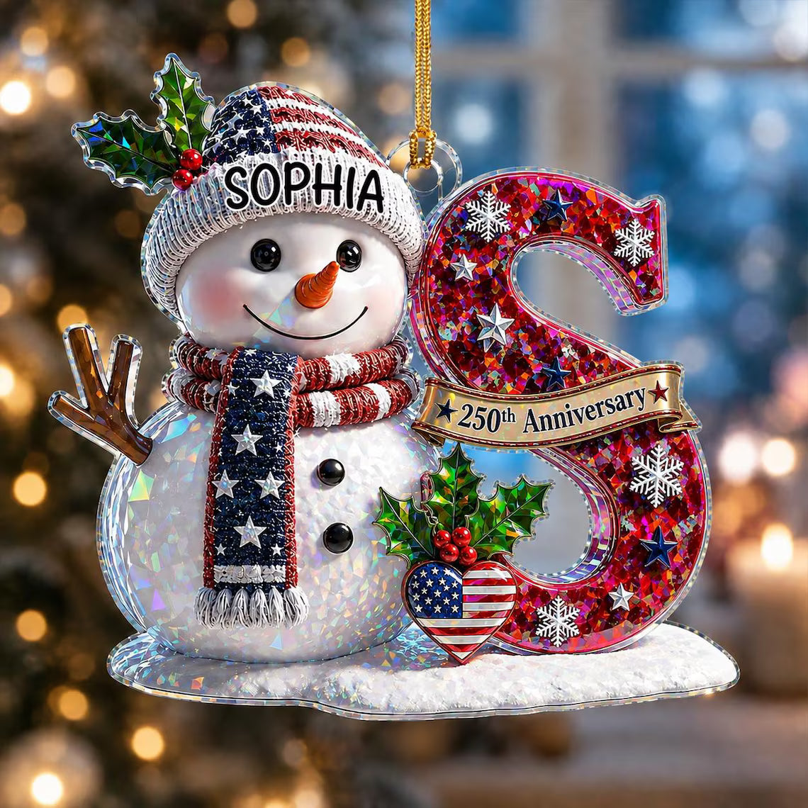 Snowman Initial 250th Anniversary Custom Name Initial Broken Glass Hologram Christmas Ornament
