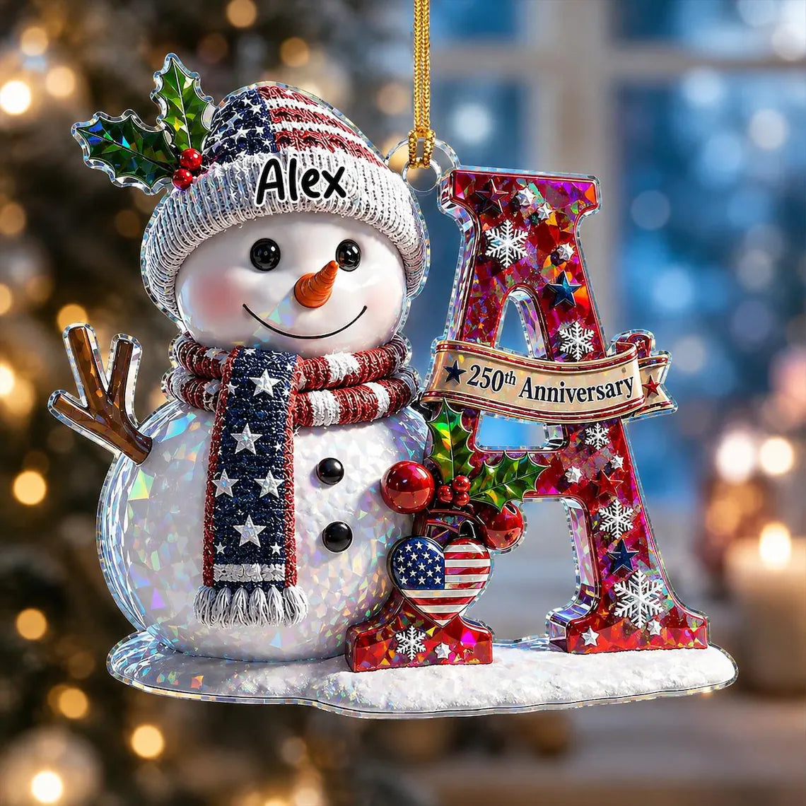 Snowman Initial 250th Anniversary Custom Name Initial Broken Glass Hologram Christmas Ornament