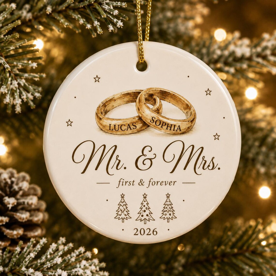 Mr and Mrs Wedding Rings Custom Names Date Wedding/Engagement Round Ceramic Christmas Ornament