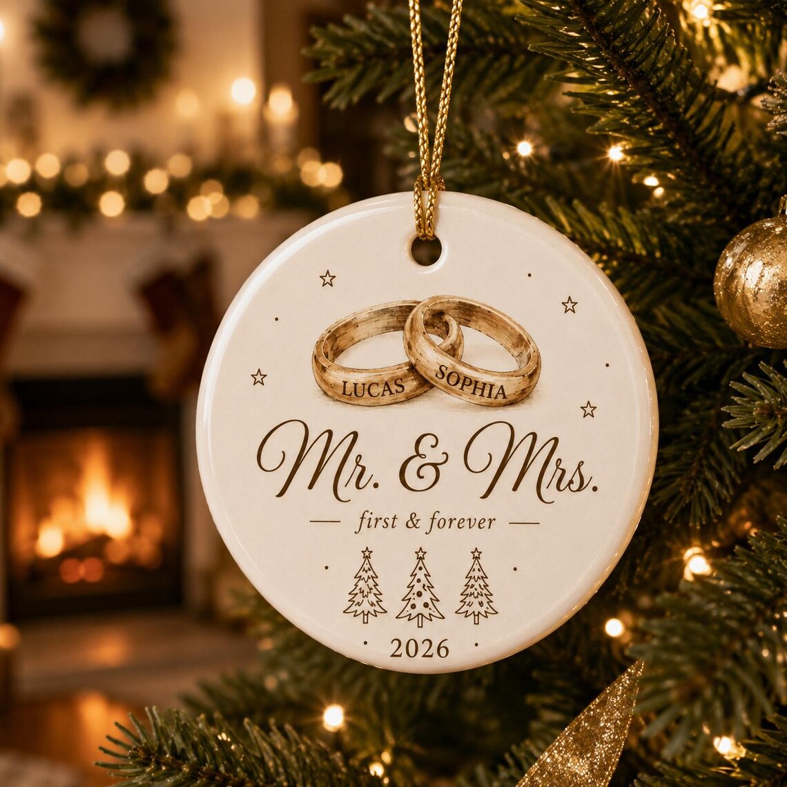 Mr and Mrs Wedding Rings Custom Names Date Wedding/Engagement Round Ceramic Christmas Ornament