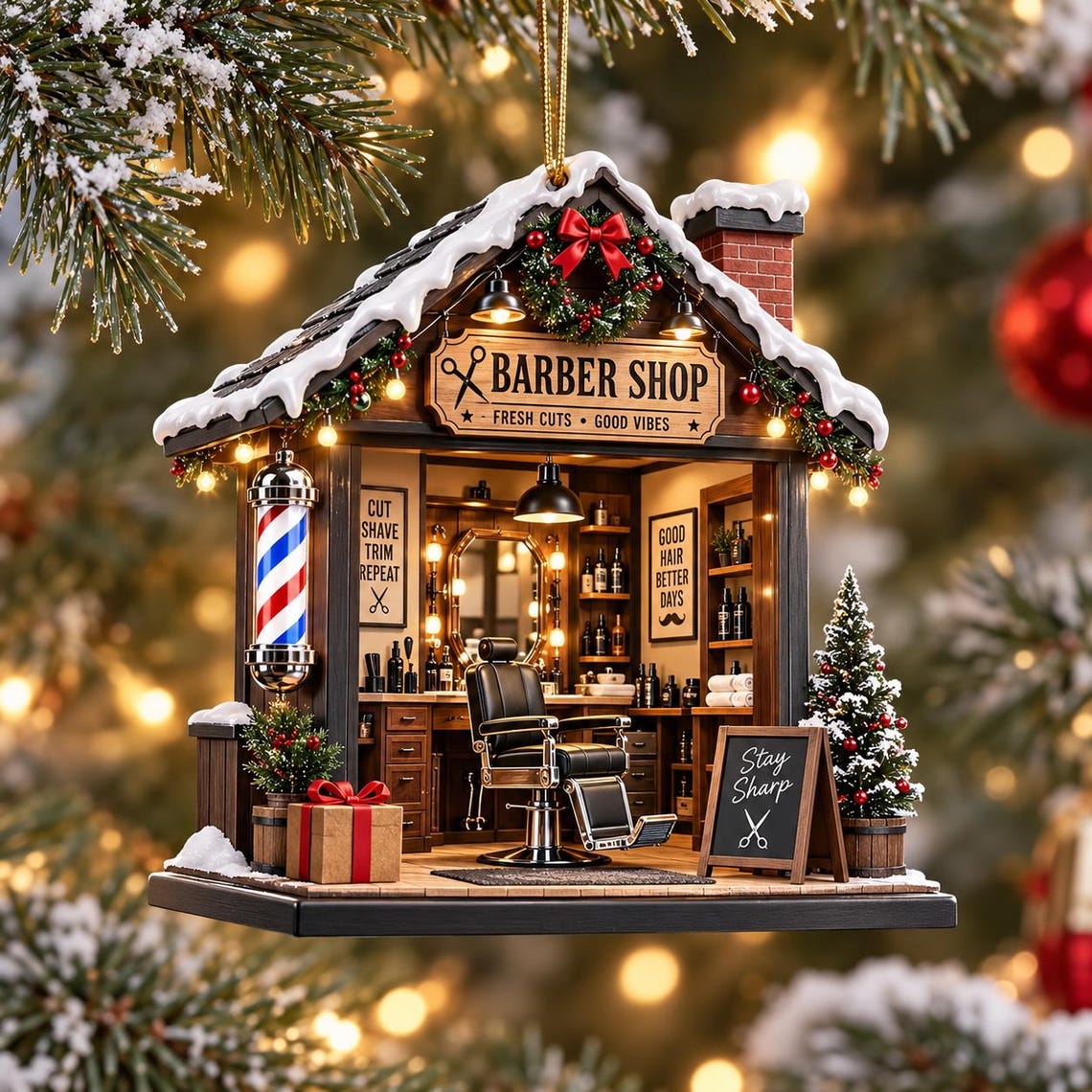 Christmas Barber Shop Custom Name Occupation Acrylic Ornament