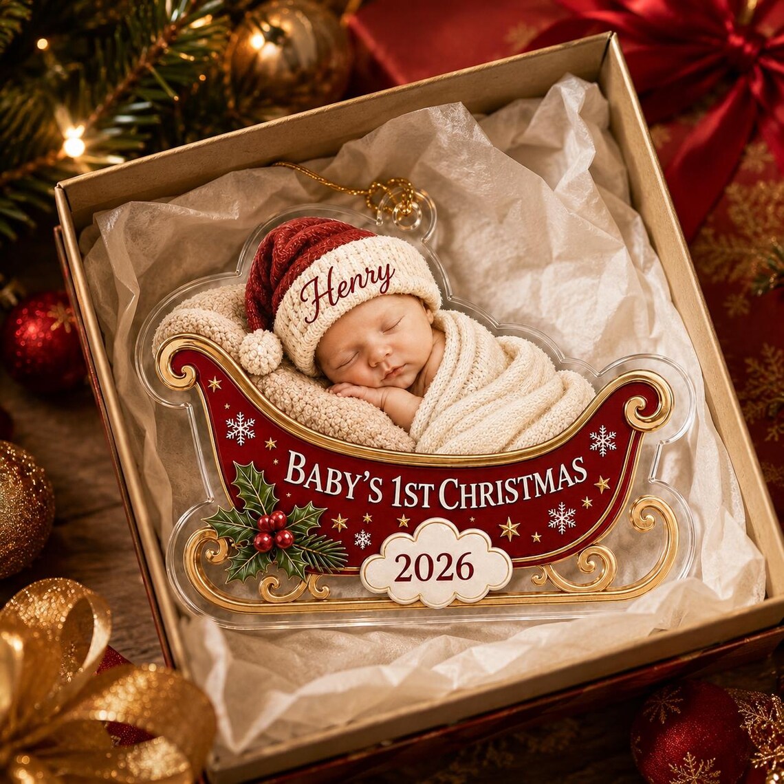 Baby's First Christmas Sleigh Custom Name Date Acrylic Christmas Ornament Baby