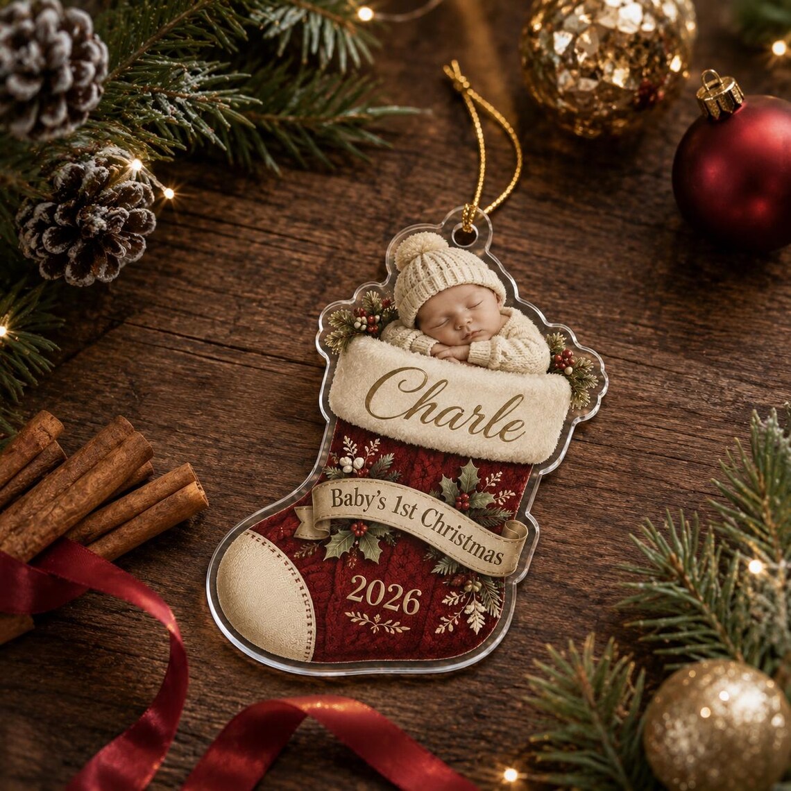 Baby's First Christmas Stocking Custom Name Date Acrylic Christmas Ornament Baby