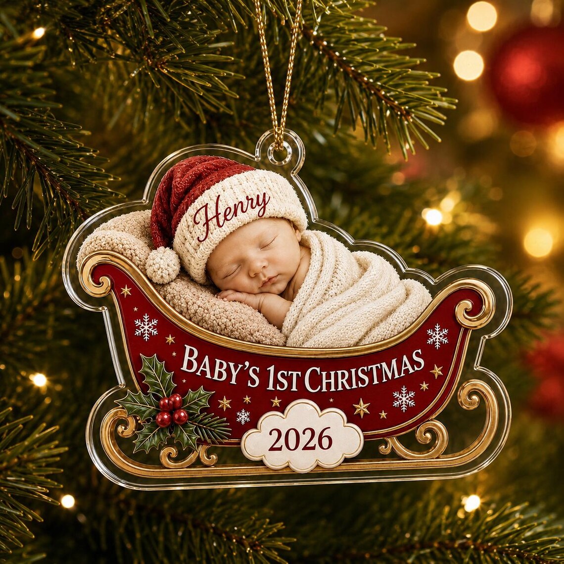 Baby's First Christmas Sleigh Custom Name Date Acrylic Christmas Ornament Baby